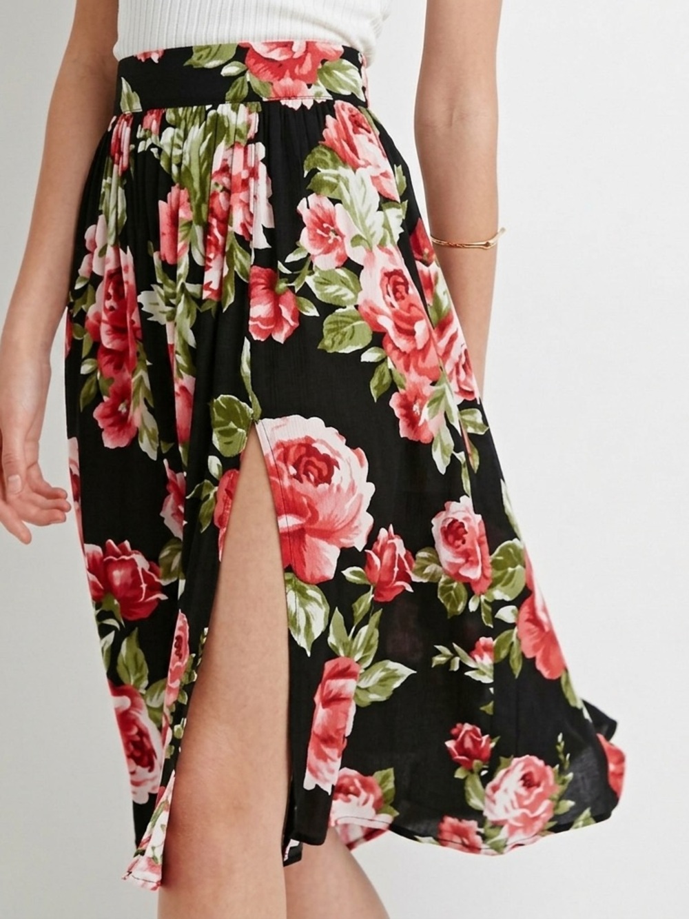 Forever 21 Black Crepe Floral Slit Midi Skirt with Red Pink Rose Print S